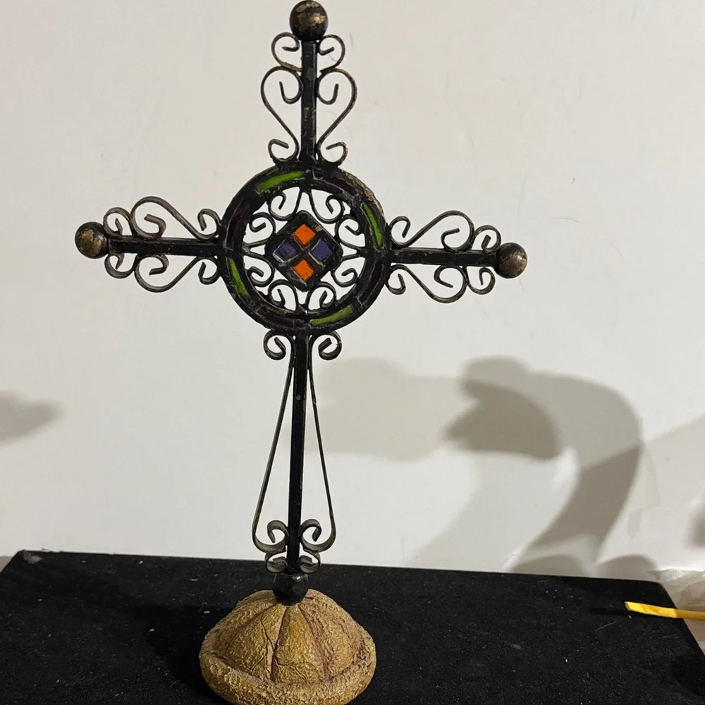 Vintage Rustic free-standing black metal cross with acrylic amber and green